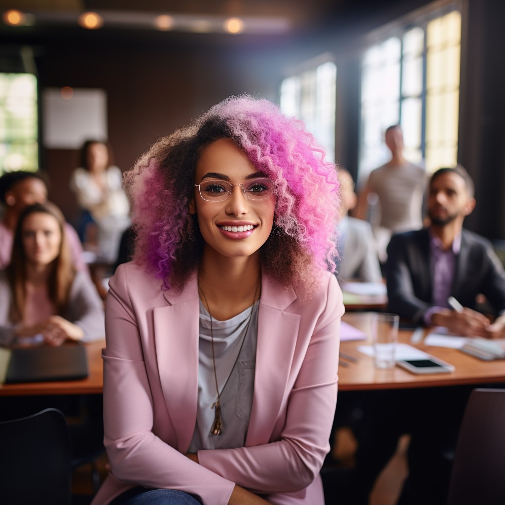 confident woman with pink hair in front sitting in office setting