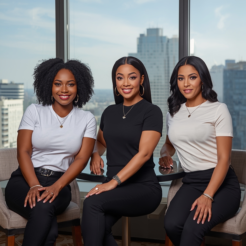image of 3 aspiring female entrepreneurs sitting by big window with view of the city
