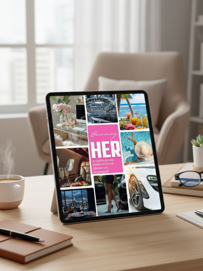 image of becoming vision board manifestion dream life book on a tablet sitting on a desk
