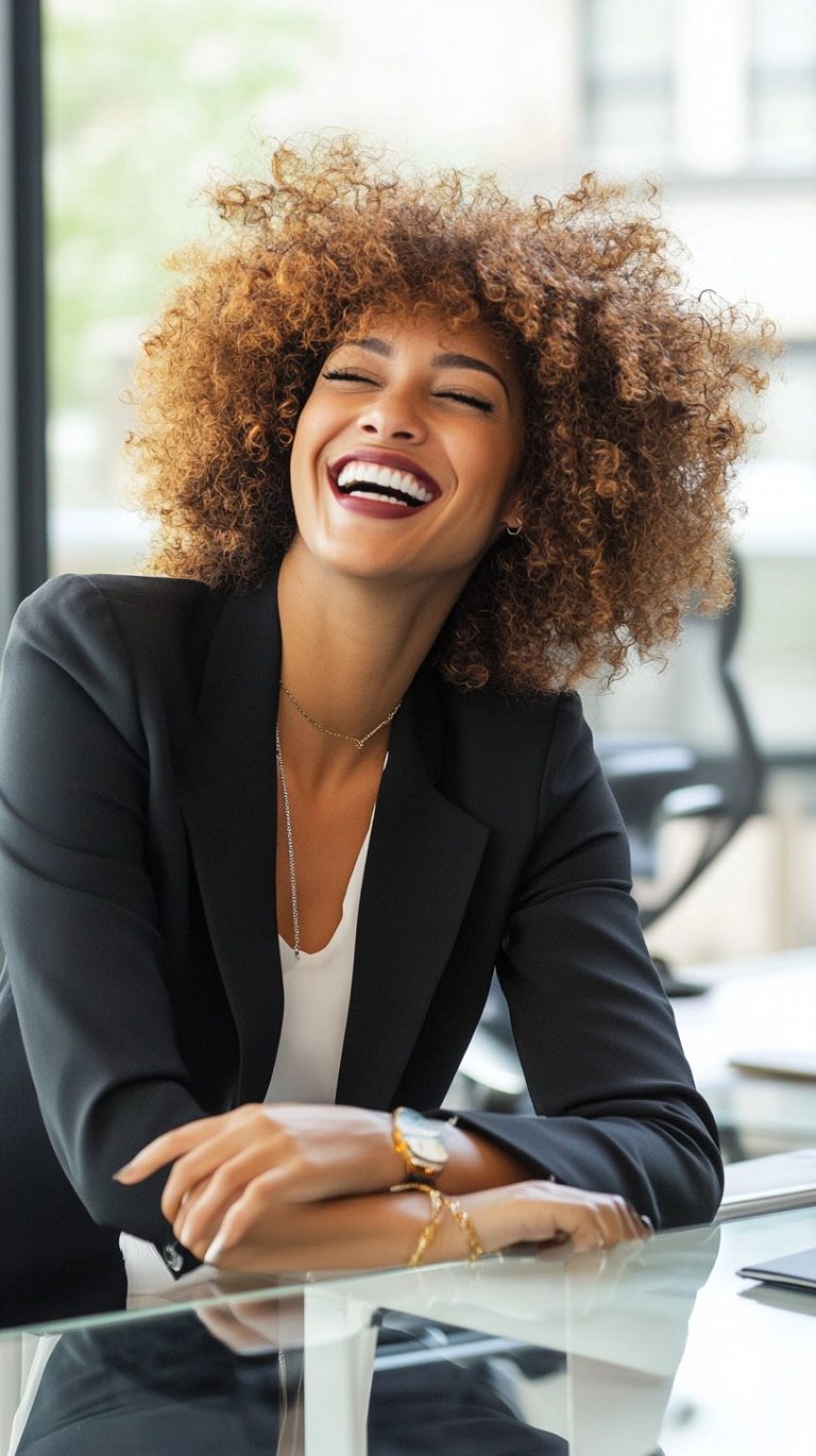 image of a business woman laughing at work desk